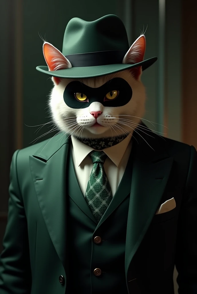 Draw a white cat with a black color on the face, who is a mafia don , Italian mafia-style suit . In a dark green , white shirt, green checkered scarf and dark fedora hat