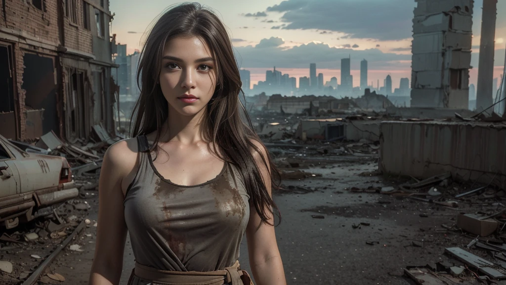 masterpiece, high resolution,8K,(Portrait Photos:1.5),(R Original Photo),Reality,Digital Photography,(Apocalyptic ruins ),City ruins，beautiful 20 year old woman，sentry， post-apocalyptic scene，Medium distance photography， broken clothes