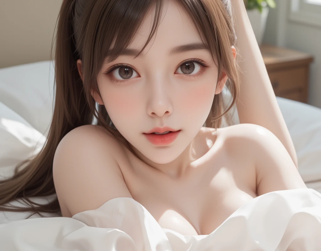 Photo of full body , (Beautiful face young Japanese), (Beautiful cup-A chests, white pale skin, lean on bed look up at camera (Emotional shy and embarrassing face, with pretty dress, workout and sweat face, fluids on mouth and teeth, 