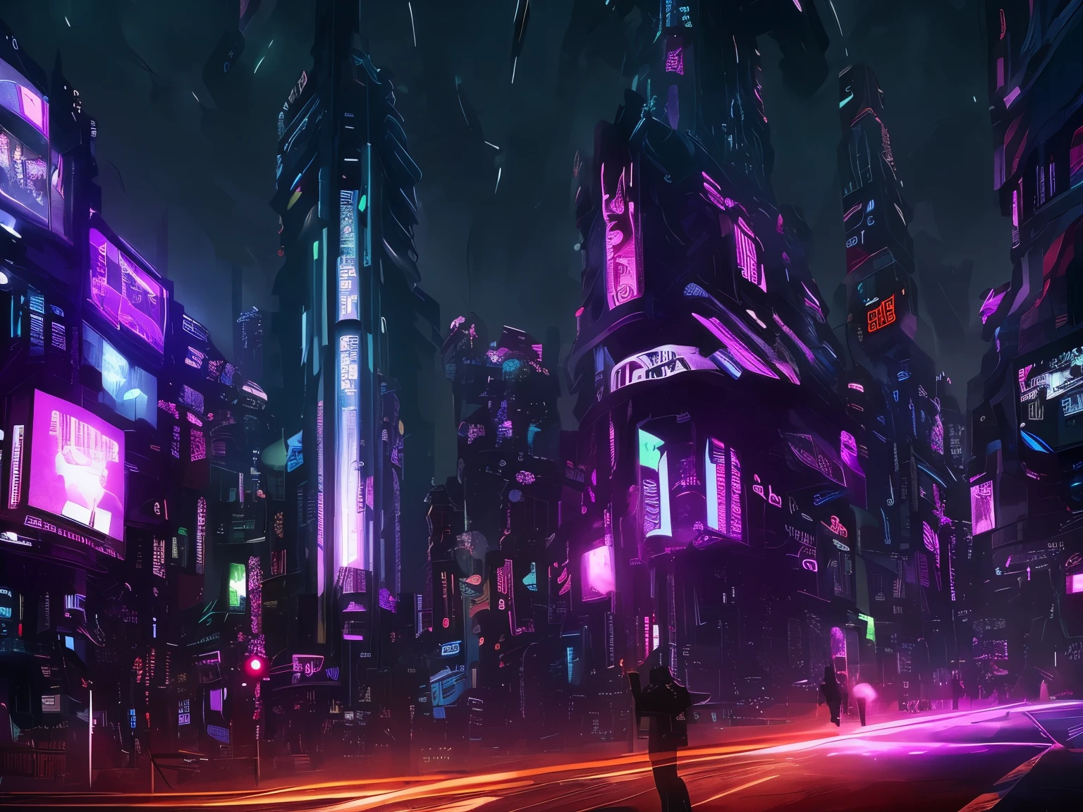 I want a high definition wallpaper, with themes combined: a cyberpunk city street at night,   Make it ethereal, with notes of darkness and evil. Add references to the serries (love, death & robots).  Make the billboards and signs with more pictures,  add a vibrant night sky and cityscape to the background, add more character detail