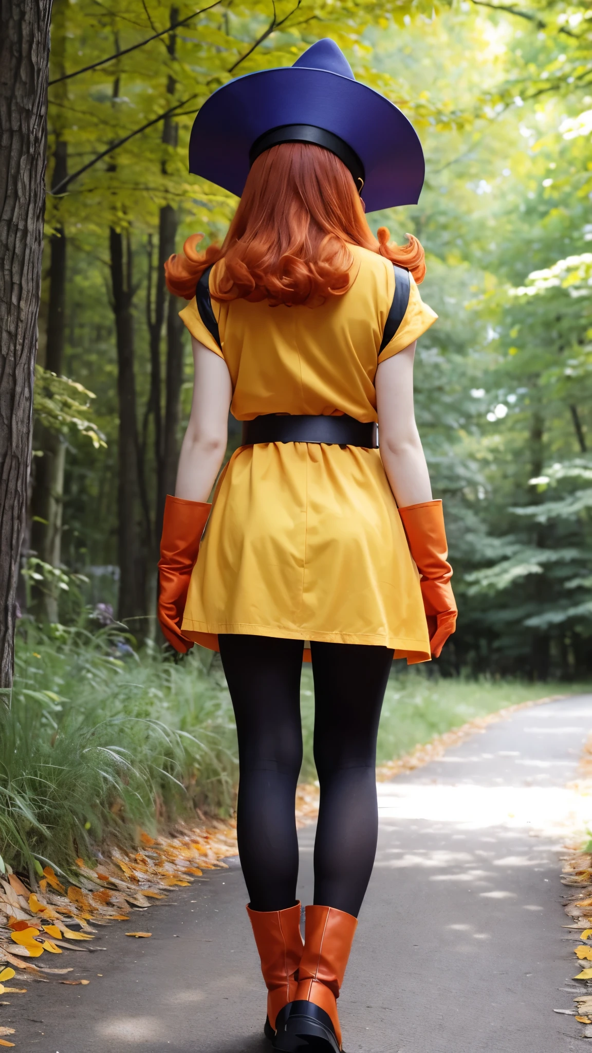 Girl、 has orange wavy hair and purple eyes I'm here。Wear a big blue hat、 also wears a blue cloak 。Wears a yellow tunic 、 has a waist tightened with black tights and a belt 。 wears orange gloves on her hands 、 wears orange boots around her feet 。Rear view、back、forest
