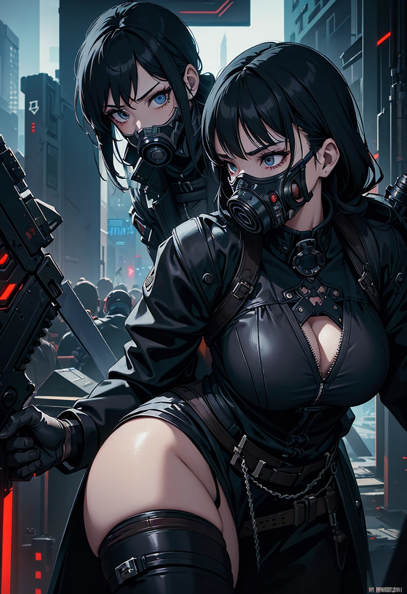 masterpiece, (((goblinriding, a goblin is riding a girl))), goblin, mutiple goblins, goblins, (((all fours))), 1girl, (swimsuit:1.1), (nose hook), reins, collar, chain, rope, obey, happy trance, expressionless, emotionless, blank eyes, empty eyes, mind control, hair ornaments, long hair, black hair, hair ribbon, yellow eyes, Scarecrow, Girls' Frontline, medium breast, twin tails, Scarecrow, sangvis ferri, Gas Mask, SCARECROWGASMASK
