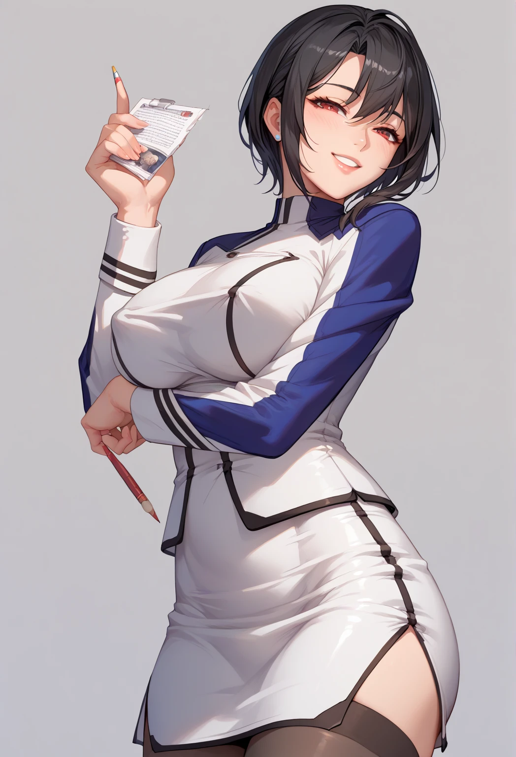 score_9, score_8_up, score_7_up, score_6_up, uncensored, rating_safe, BREAK,1 girl, mature female, black hair, red eyes,purple and white uniform, white skirt, black thighhighs, pencil skirt, thighs, cowboy shot, solo focus, solo, smile, large breasts, thighs, transparent background,