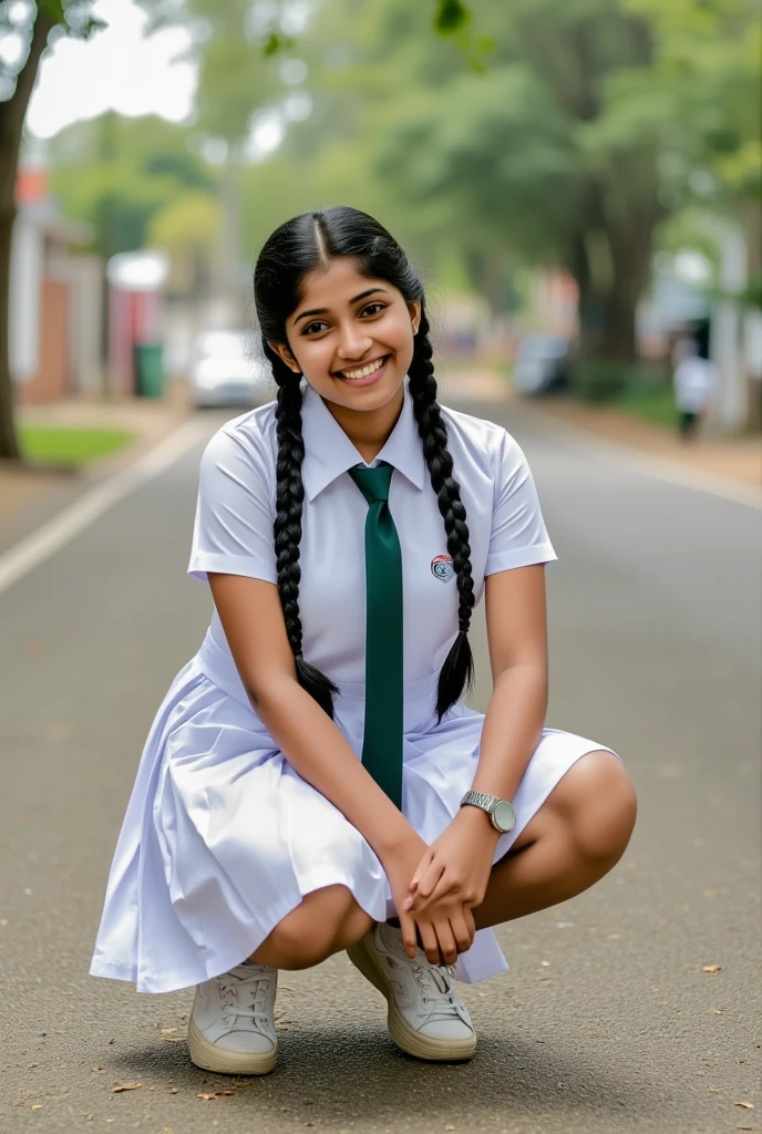 beautiful cute Sri Lankan school girl, in barefoot, Large breast size , 20 years old, wearing a white frock and a dark green tie. She has plaits, black braided long hair, wearing white folded socks and white school sneakers (sneakers are little bit dusty), correct anatomy of other body parts,  beaming with happiness as she poses road at school premises, brown skin tone, sweaty skin, thighs are  exposed, holding knees by hands, better pose, full body view, squatting on a road
