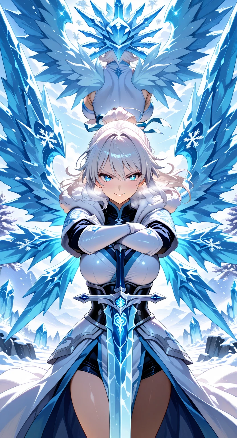 1girl,solo,blue eyes,pure glacial pupils,breast,aged up,crossed arm, smirk, dynamic pose, weapon,weapon formation from behind, taico haori,Frozen cherry blossoms,multiple weapon,ice theme, frozen icy weather, Arctic likes,(freezing foreground), big icy wings, battle scene,(visual impact:1.3),close up, snowflakes, Winter, cowboy shot, dramatic scene, pure drama, majestic light from behind
,masterpiece,best quality, amazing quality, very aesthetic, absurdres,hue drop, soft contrast, white gloves,