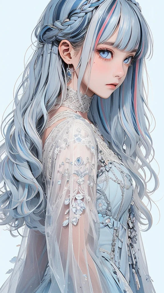   movie poster with young woman as protagonist、(silver hair:1.3), (Light blue streaked hair:1.4)、( long hair :1.2)、(light blue clear eyes 1 .3)Glare、 Her face has a fixed expression  ,  gorgeous dress with beautiful white and light blue lace、Layering、( white simple background 1 .4)、Rough, With danger and tension、 Rear shot 、( Short Bang :1.3)、(Glare:1.2)