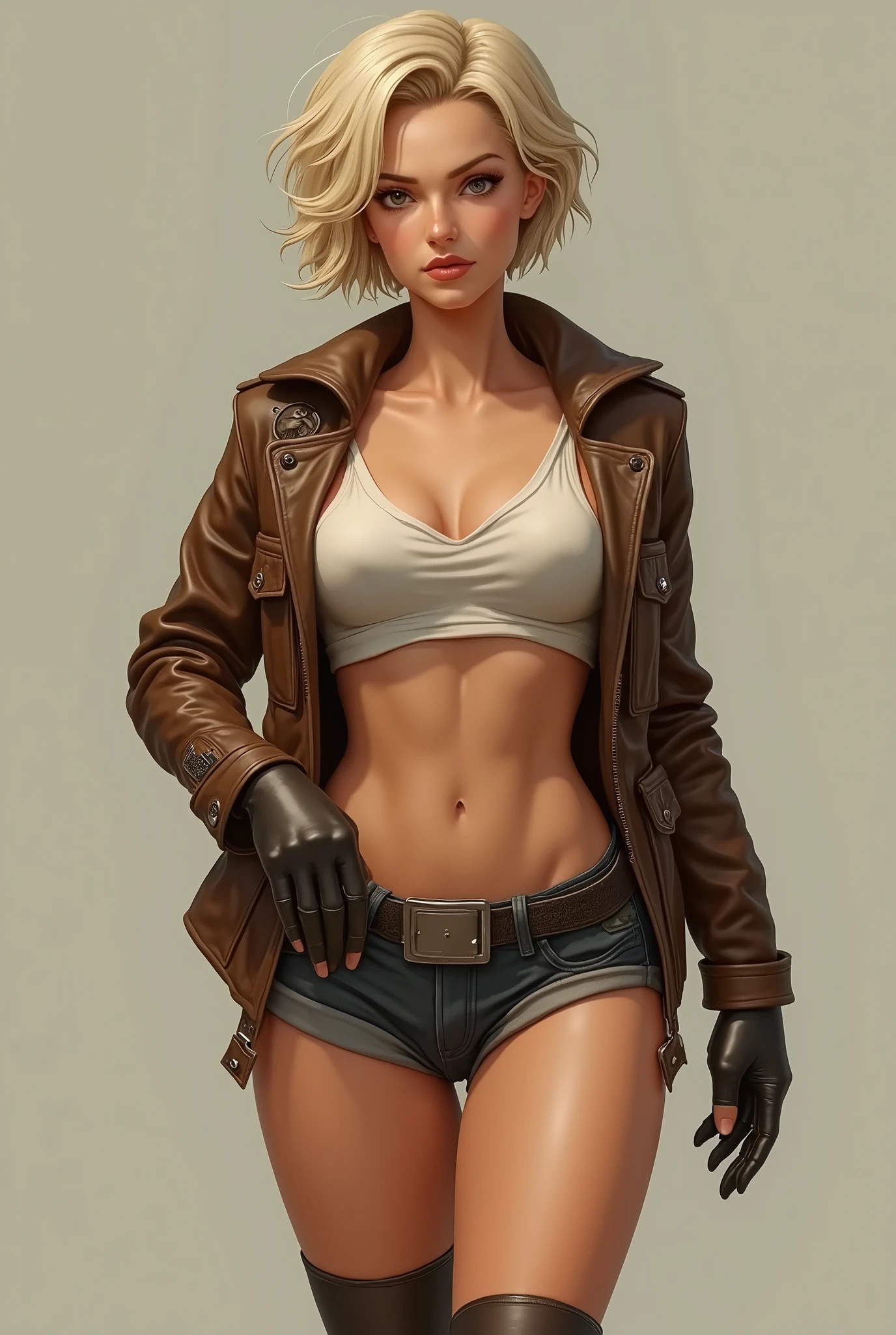 1920s tomboy adventurer, tank top, hotpants, leather jacket, short blonde hair styled in a tousled bob, confident determined expression, pinup, full body shot, standing, sexy, cleavage, athletic woman