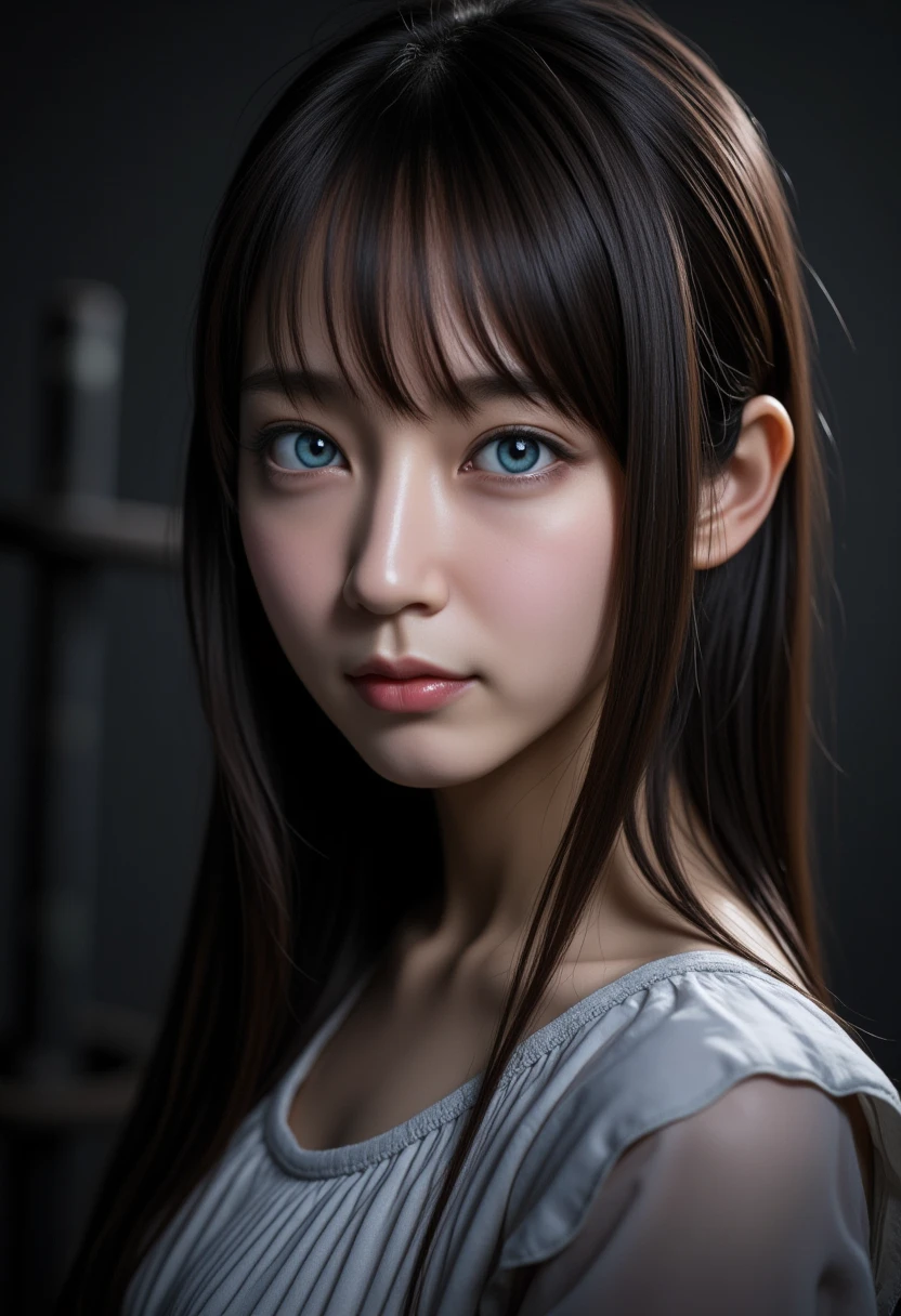 A ******** Japanese woman, beautiful detailed blue eyes, beautiful detailed lips, long eyelashes, petite, normal expression, blue eyes, school uniform, underground dungeon, (realistic, photo-realistic:1.37), 1woman, dark fantasy, dramatic lighting, intricate details, really long hair, with long bangs