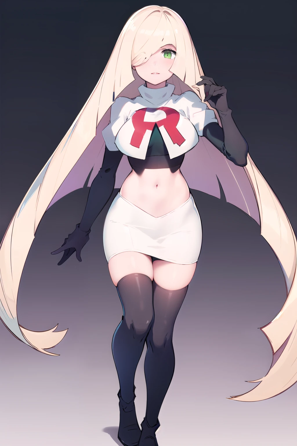 masterpiece,best quality,1girl,mature female,lusamine,blonde hair,green eyes,very long hair,(hair over one eye:1.3),team rocket,team rocket uniform,white skirt,red letter R,crop top,black thigh-highs,black elbow gloves,