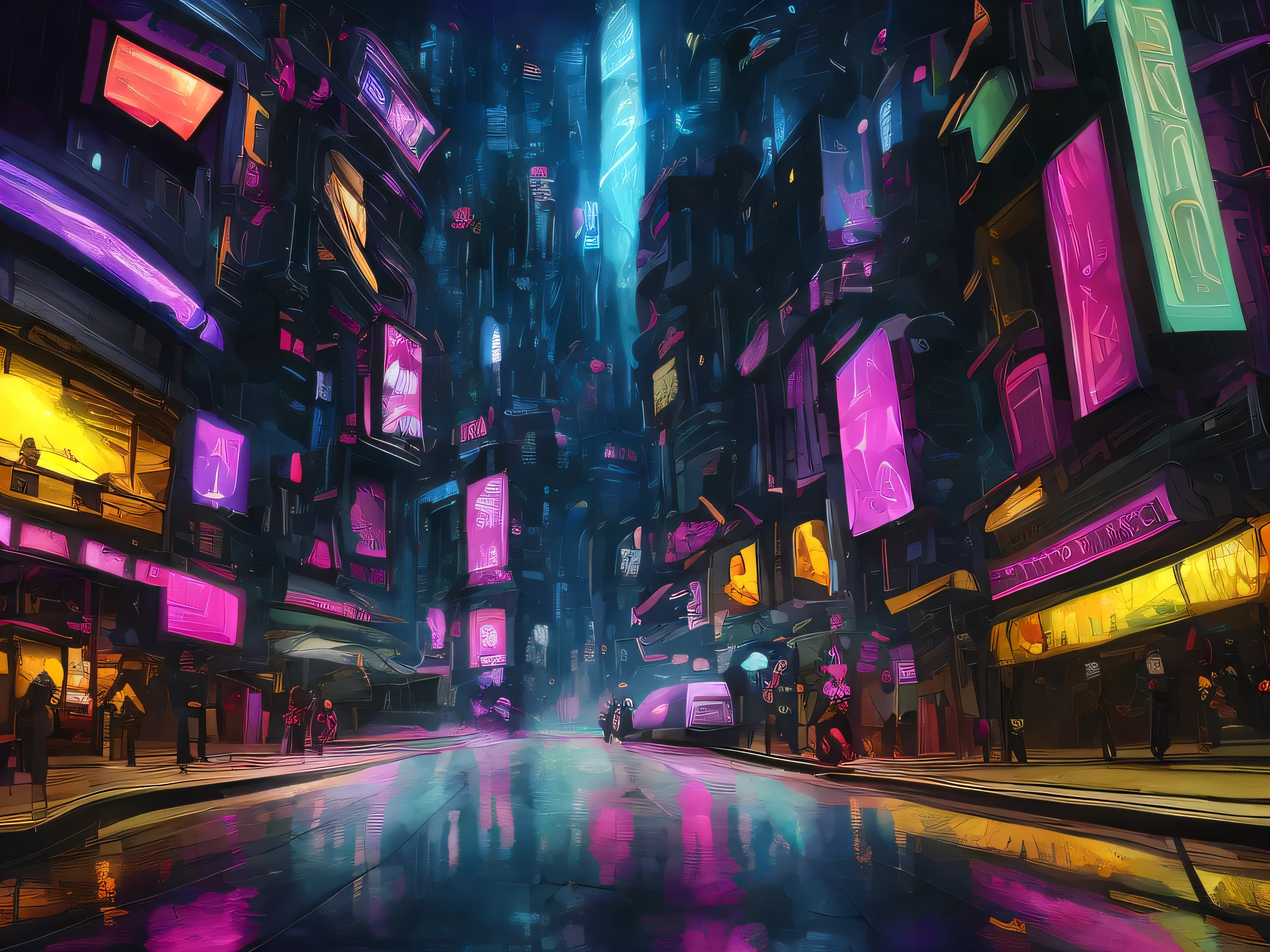 I want a high definition wallpaper, with themes combined: a cyberpunk city street at night,   Make it ethereal, with notes of darkness and evil. Add references to the serries (love, death & robots).  Make the billboards and signs with more pictures,  add a vibrant night sky and cityscape to the background, add more detail, sharper lines, add digital cats to the signs, fantasy art cats