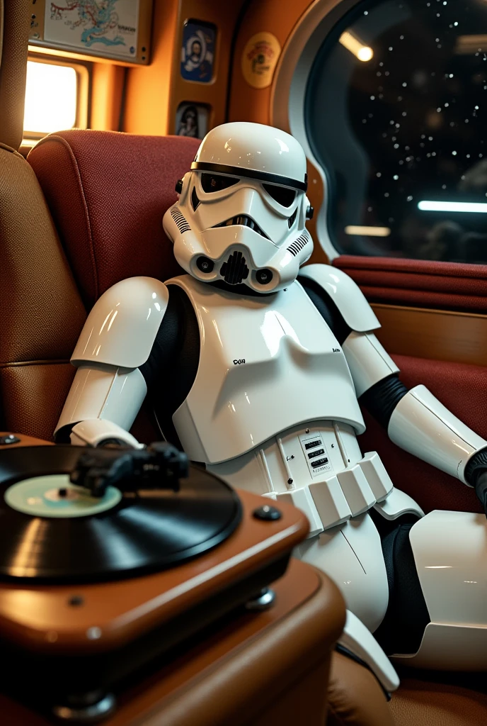 A vintage record player in a cozy spaceship cockpit,featuring a relaxed Stormtrooper enjoying music. The cockpit is filled with retro-futuristic elements,soft lighting,and comfortable seating. The record player is spinning a classic vinyl,and the Stormtrooper is leaning back with a content expression,surrounded by star charts and space-themed decorations.,highly detailed background