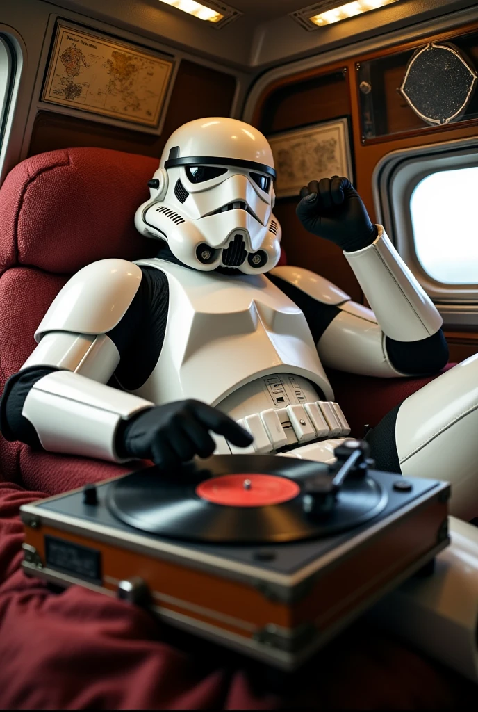 A vintage record player in a cozy spaceship cockpit,featuring a relaxed Stormtrooper enjoying music. The cockpit is filled with retro-futuristic elements,soft lighting,and comfortable seating. The record player is spinning a classic vinyl,and the Stormtrooper is leaning back with a content expression,surrounded by star charts and space-themed decorations.,highly detailed background