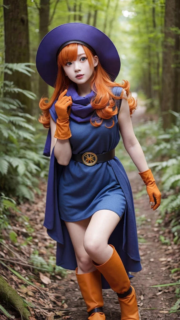 Girl、 has orange wavy hair and purple eyes I'm here。Wear a big blue hat、 also wears a blue cloak 。 serious expressions、Wears a yellow tunic 、 has a waist tightened with black tights and a belt 。 wears orange gloves on her hands 、 wears orange boots around her feet 。 I'm in a fighting pose、forest、Battle
