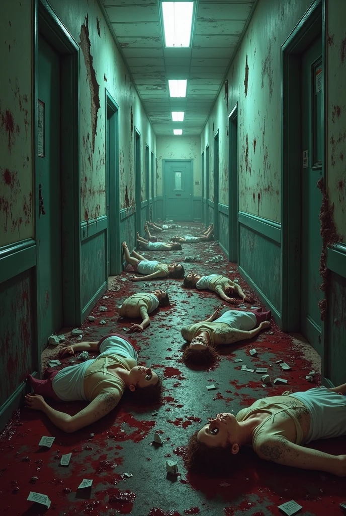 shredded bloody body parts in an indoor house hallway, gore, nightmare