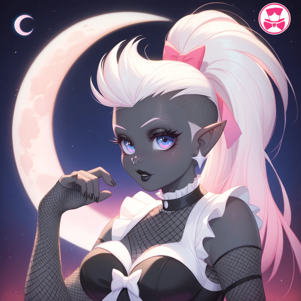 score_9, score_8_up, score_7_up, ((Masterpiece)), ((highres)), ((1person, 1girl, 1female)), Random poses, beautifully detailed succubus girl, ((pastel moon background)), white mohawk w/ponytail, defined elf ears with ear guages, defined eyes, pastel iris, long eye lashes, defined nose, black lipstick, curvy, fishnet, (((Black skin))), black demon horns, breasts, night sky, pastel gothic style, gothic style art, gothic asthetic, (((Cardcaptor Sakura)))
