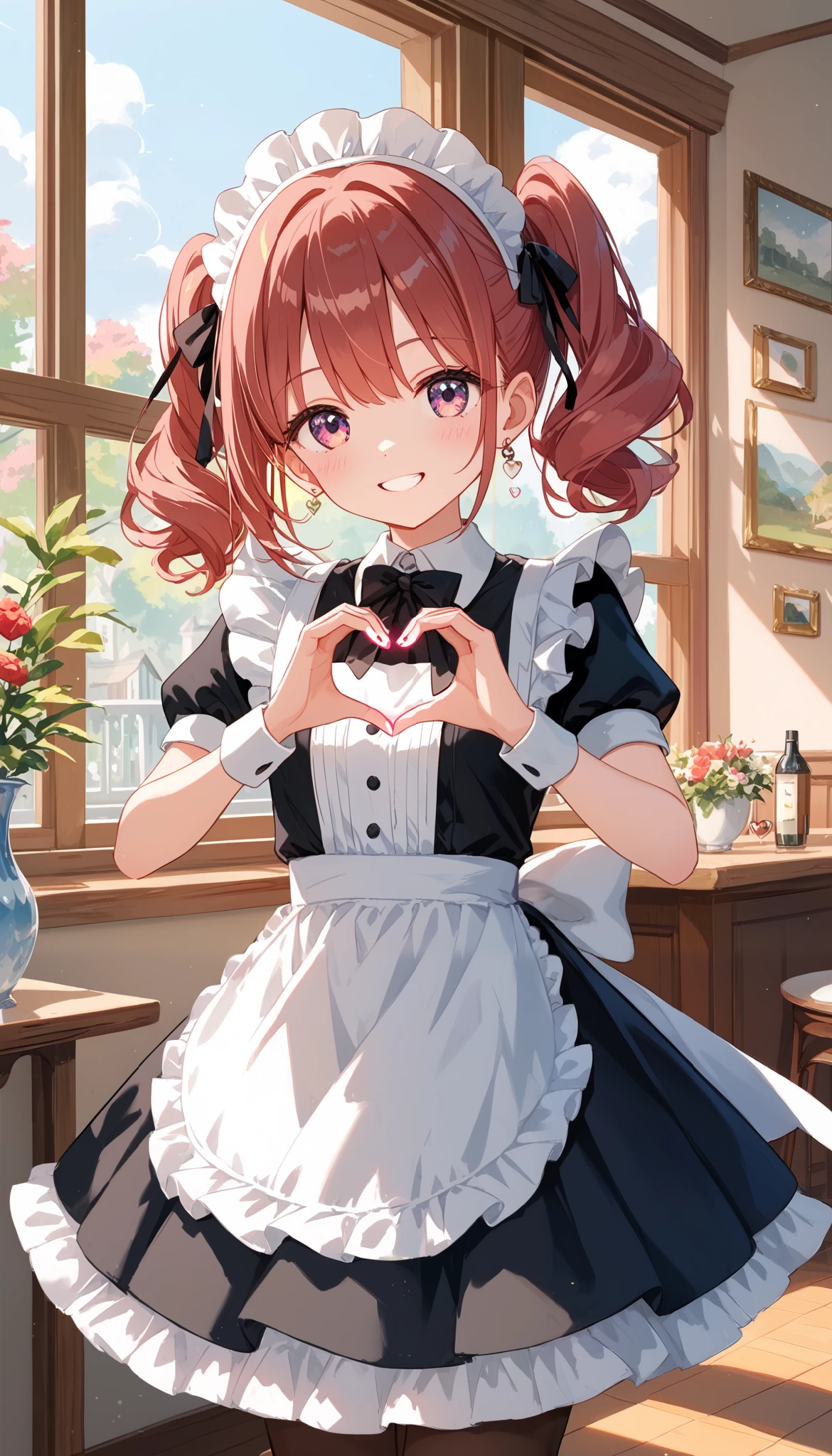 score_9, score_8_up, score_7_up, score_6_up, score_5_up, score_4_up, ((masterpiece, good work, best quality)), (illustration), (highly detailed), 8K, wallpaper, 1 woman, cute face, smiling face, ((maid at maid cafe)), (((heart hands))), random hairstyle, random pose, beautiful female hands, ((pop style)), detailed, ((better hands)), ((maid cafe))), ((girl in a fantastic and decadent outfit with a red base))
