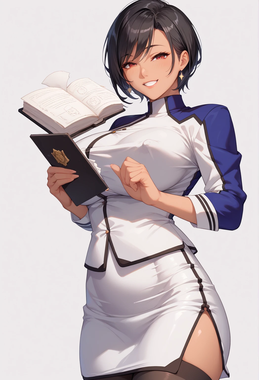 score_9, score_8_up, score_7_up, score_6_up, uncensored, rating_safe, BREAK,1 girl, mature female, tanned skin, black hair, red eyes,purple and white uniform, white skirt, black thighhighs, pencil skirt, thighs, cowboy shot, solo focus, solo, smile, large breasts, thighs, transparent background,