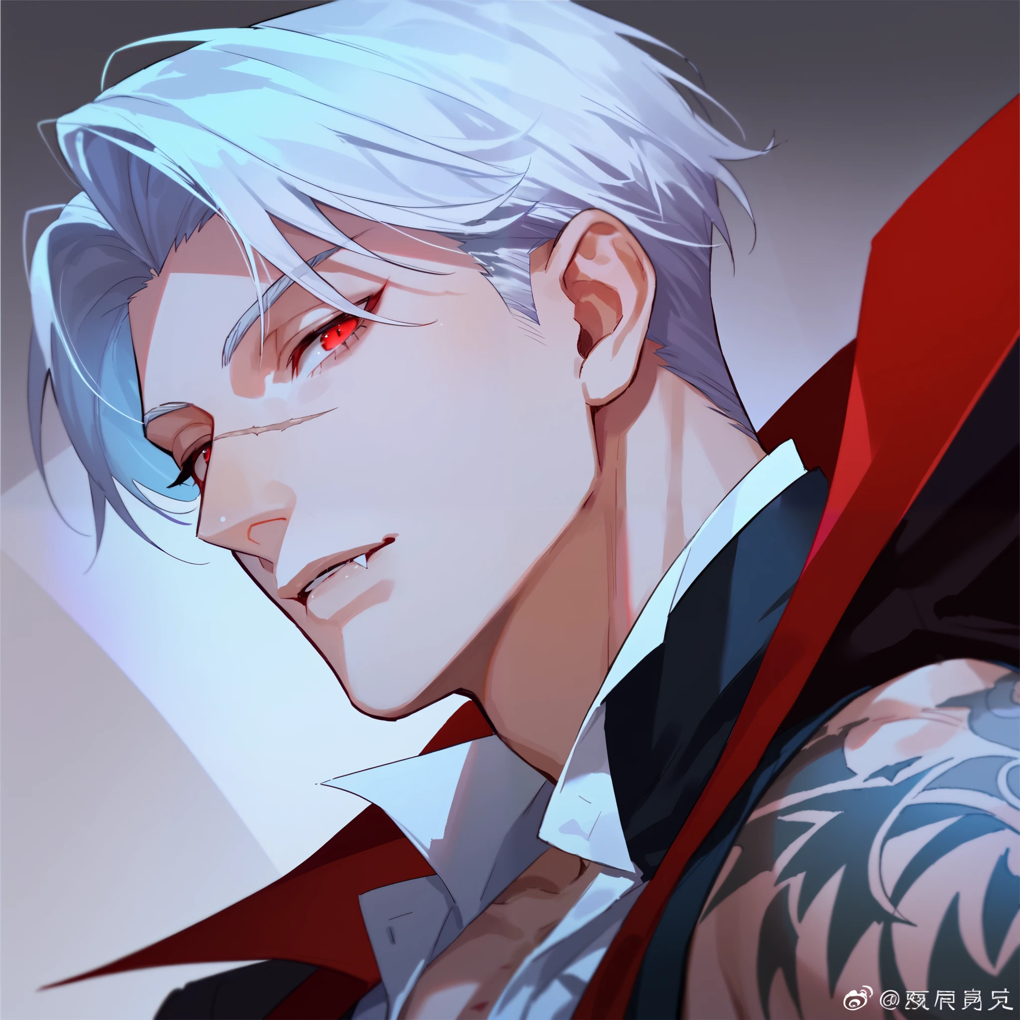 male, vampire, muscular, tattooed, scar over nose, elegant parted hair, white hair, red eyes, pale skin, mysterious background, face and bust focus