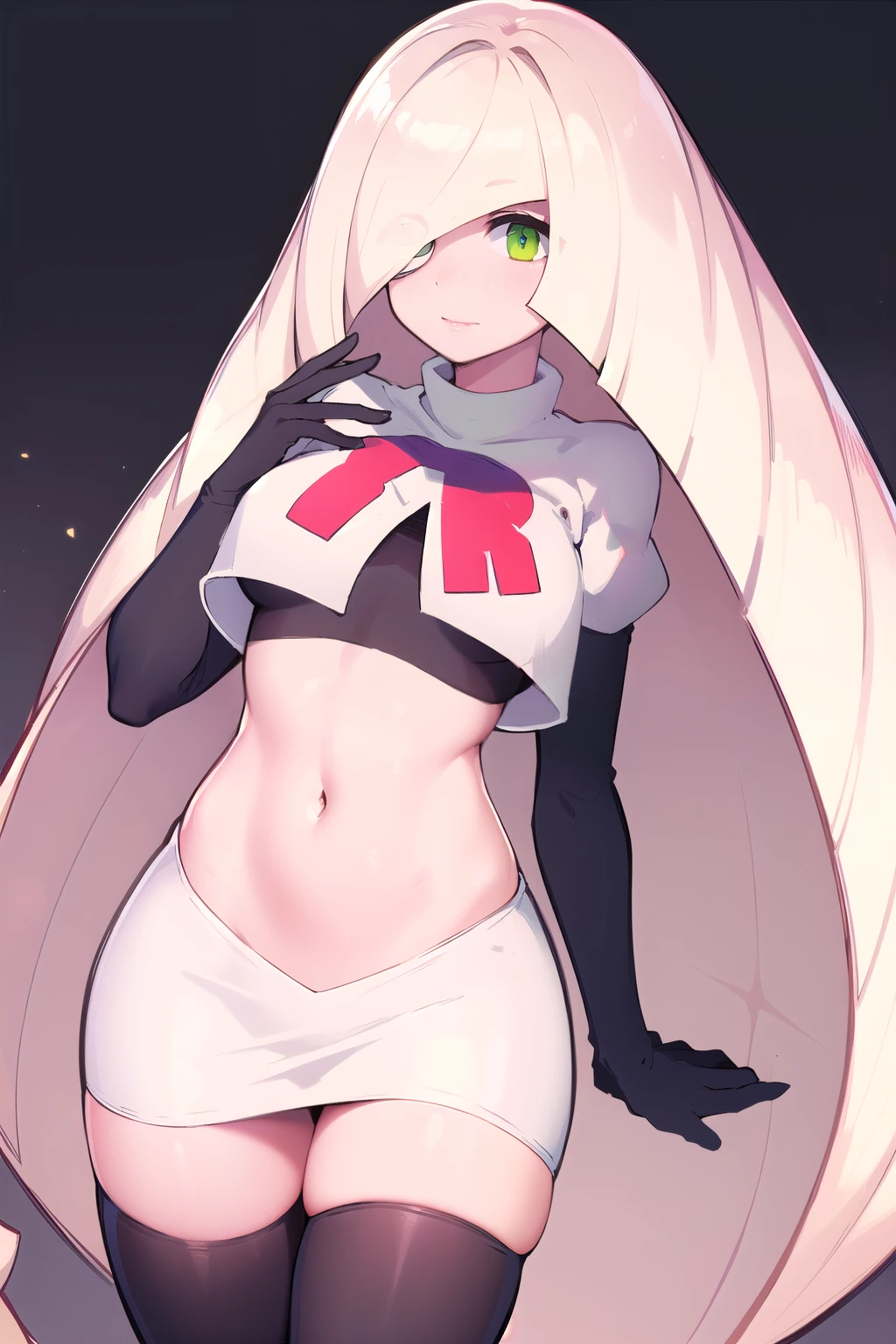 masterpiece,best quality,1girl,mature female,lusamine,blonde hair,green eyes,very long hair,(hair over one eye:1.3),team rocket,team rocket uniform,white skirt,red letter R,crop top,black thigh-highs,black elbow gloves,