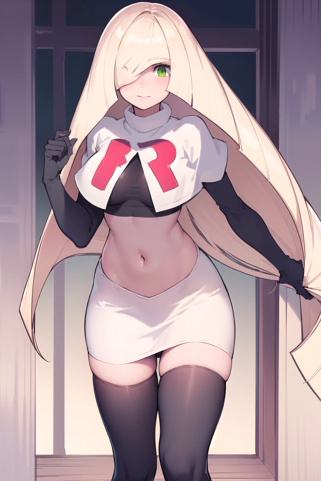 masterpiece,best quality,1girl,mature female,lusamine,blonde hair,green eyes,very long hair,(hair over one eye:1.3),team rocket,team rocket uniform,white skirt,red letter R,crop top,black thigh-highs,black elbow gloves,