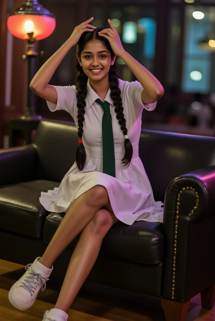 beautiful cute Sri Lankan school girl, in barefoot, Large breast size , 20 years old, wearing a white frock and a dark green tie. She has plaits, black braided long hair, wearing white folded socks and white school sneakers (sneakers are little bit dusty), correct anatomy of other body parts,  beaming with happiness as she poses in a night club, brown skin tone, sweaty skin, thighs are  exposed, better pose, full body view, leaning back to sofa
