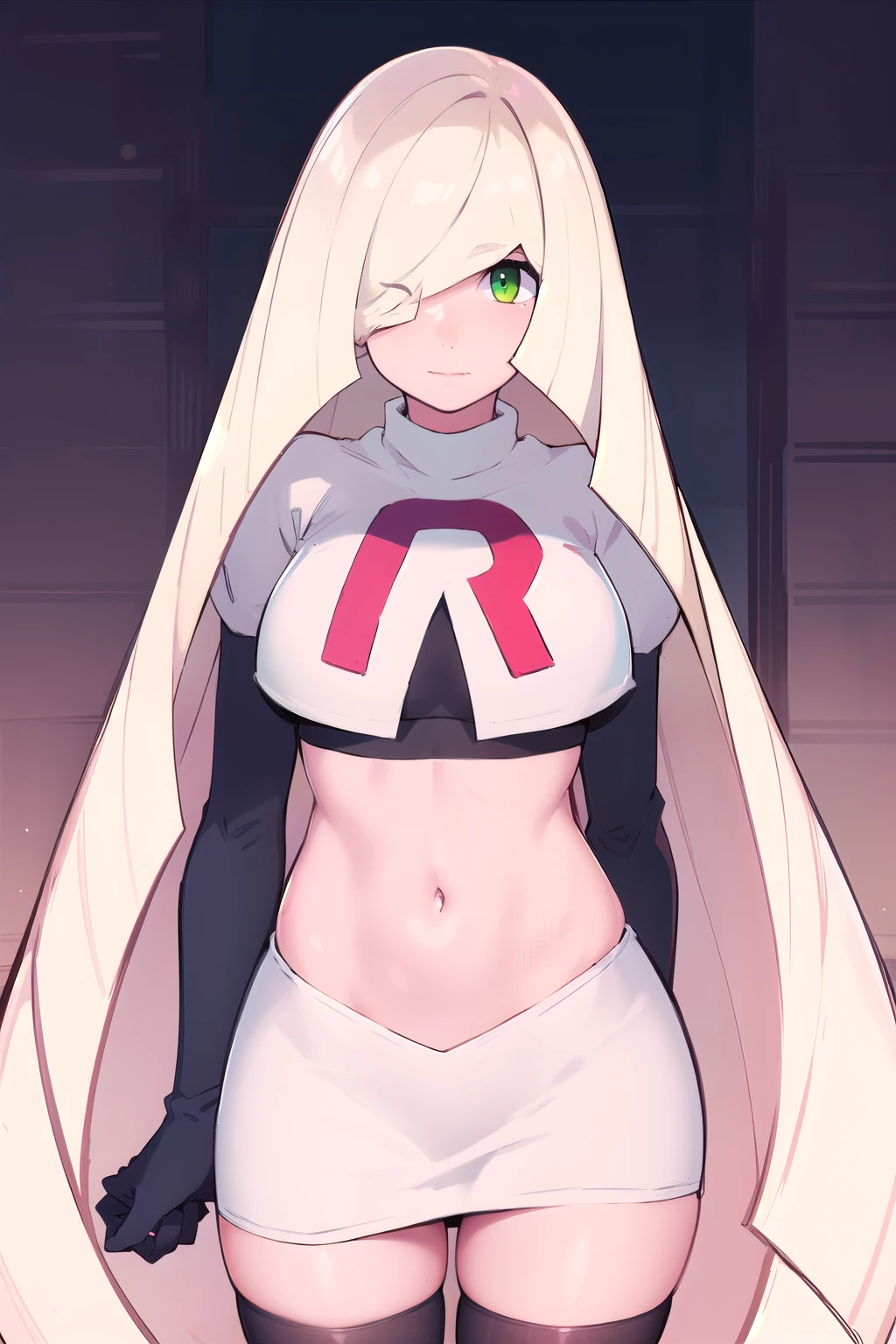 masterpiece,best quality,1girl,mature female,lusamine,blonde hair,green eyes,very long hair,(hair over one eye:1.3),team rocket,team rocket uniform,white skirt,red letter R,crop top,black thigh-highs,black elbow gloves,