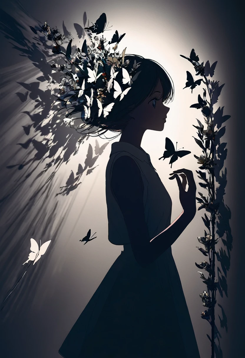 conceptual installation fine art, mysterious girl attracts flowers and butterflies, art image effects, delicate and dynamic textures, contrasts of light and shadow, BREAK ultra detailed, absolutely resolution, best quality