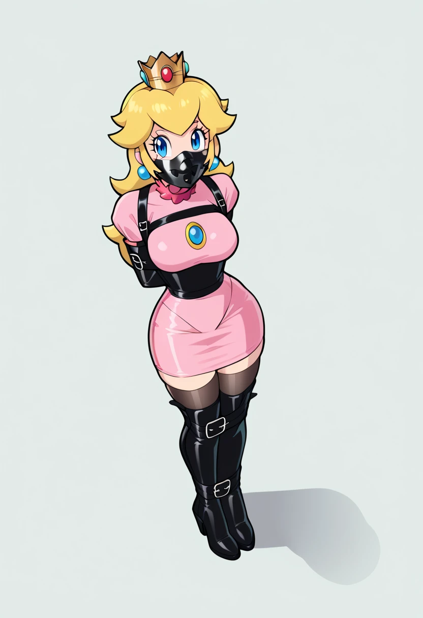 score_9, score_8_above, score_7_above ,( (Peach, princess Peach from super mario lore), (full body in view), perfect proportions, simple background, standing, , bound arms, arms behind back, full body, tight mask, wrap mask, black mask, (armbinder: 1.3),  ) 