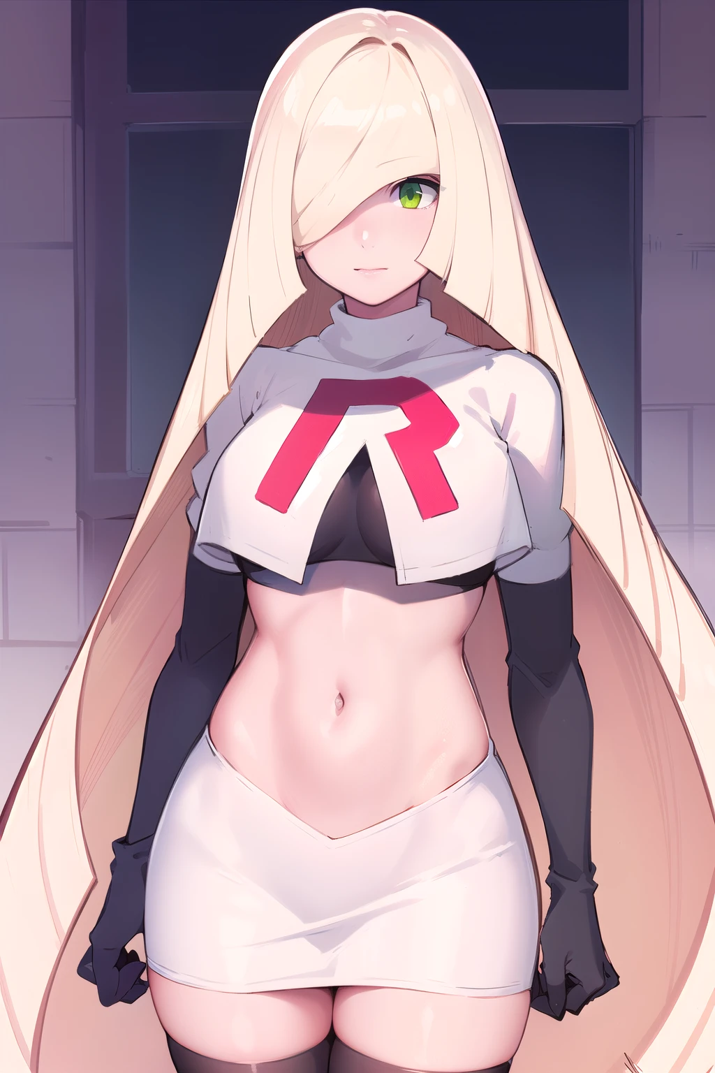 masterpiece,best quality,1girl,mature female,lusamine,blonde hair,green eyes,very long hair,(hair over one eye:1.3),team rocket,team rocket uniform,white skirt,red letter R,crop top,black thigh-highs,black elbow gloves,