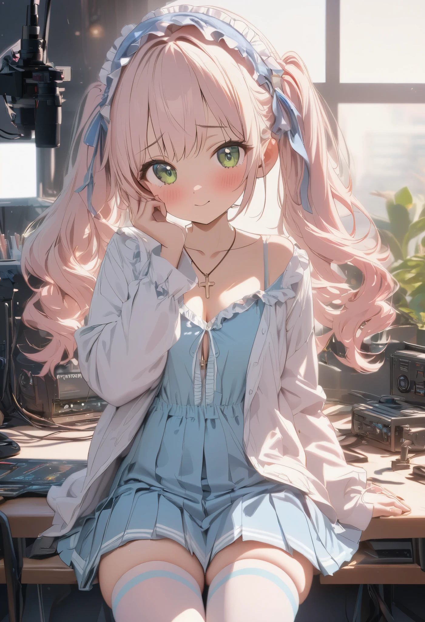 masterpiece, best quality, 8k, highres, ultra-detailed,  HDR, UHD, studio lighting, extreme detail description, professional,illustration, pastel,
Low Fidelity (lofi) art style,best quality, 1girl, long hair, twintails, green eyes, blush, frilly headband, white blouse, open shirt, pastel colors, blue camisole, short skirt, pleated skirt, thigh-high stockings, ribbons, star accessory, cross necklace, cute pose, hand near face, playful expression, light gradient background, soft lighting, kawaii aesthetic