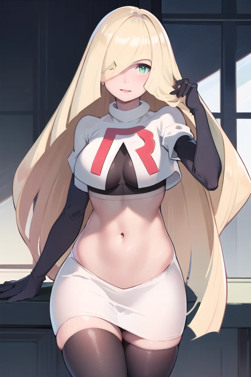 masterpiece,best quality,1girl,mature female,lusamine,blonde hair,green eyes,very long hair,(hair over one eye:1.3),team rocket,team rocket uniform,white skirt,red letter R,crop top,black thigh-highs,black elbow gloves,