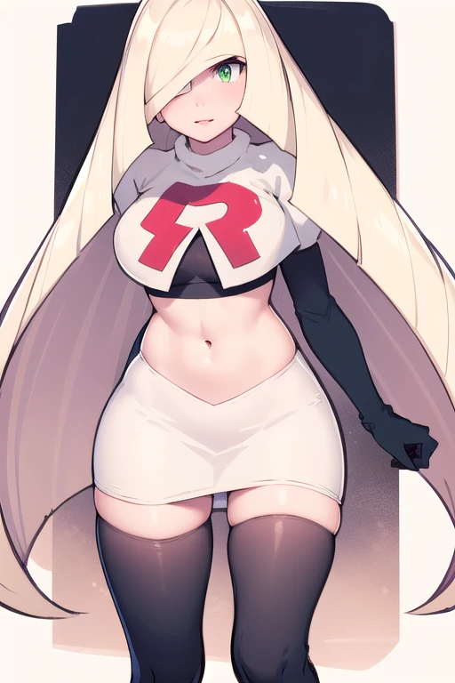 masterpiece,best quality,1girl,mature female,lusamine,blonde hair,green eyes,very long hair,(hair over one eye:1.3),team rocket,team rocket uniform,white skirt,red letter R,crop top,black thigh-highs,black elbow gloves,