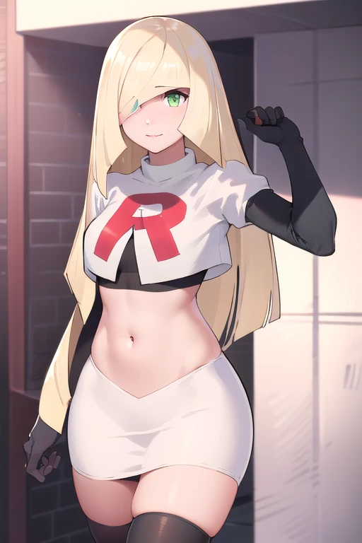 masterpiece,best quality,1girl,mature female,lusamine,blonde hair,green eyes,very long hair,(hair over one eye:1.3),team rocket,team rocket uniform,white skirt,red letter R,crop top,black thigh-highs,black elbow gloves,