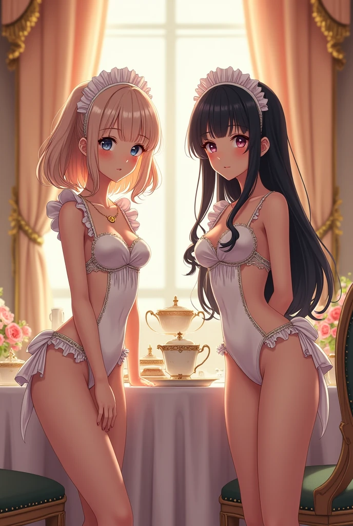 ((masterpiece, best quality)), Delicate face，Maid，whole body，dark skin，Long legs，Large Breasts，Gradient long wavy hair，Perfect body proportions，Pretty golden eyes，Extremely beautiful，transparent， Pure white background，Lying down，Erotic_lingerie，sexly_比基尼，Lace，Garter stockings