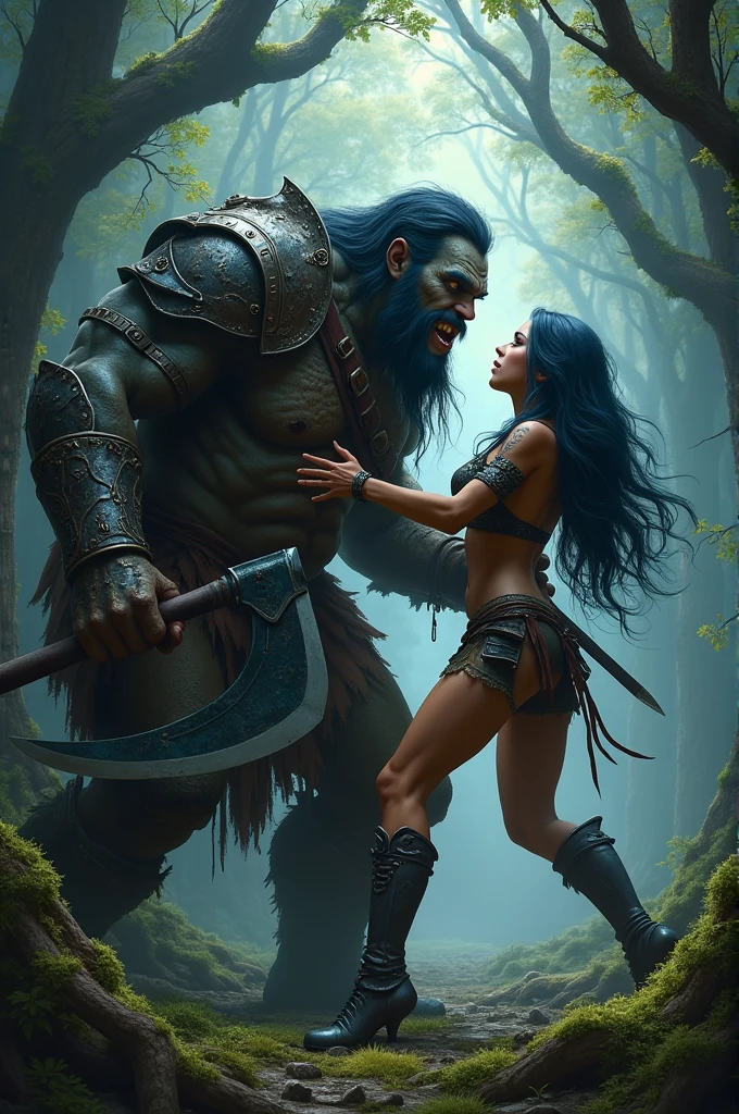 An elegant and refined woman with green Asian eyes, perky breasts, thin waist and wide hips, purple hair. fully body, high heel boots. holding a katana sword. realisitic. In the background a medieval castle. grappling, beating against a very dark black monster, very angry and bad.