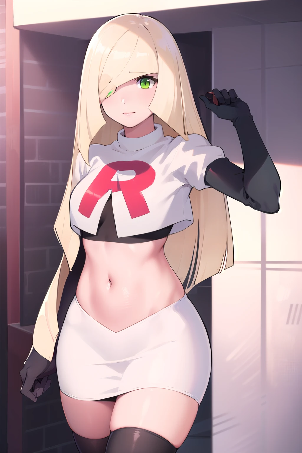 masterpiece,best quality,1girl,mature female,lusamine,blonde hair,green eyes,very long hair,(hair over one eye:1.3),team rocket,team rocket uniform,white skirt,red letter R,crop top,black thigh-highs,black elbow gloves,