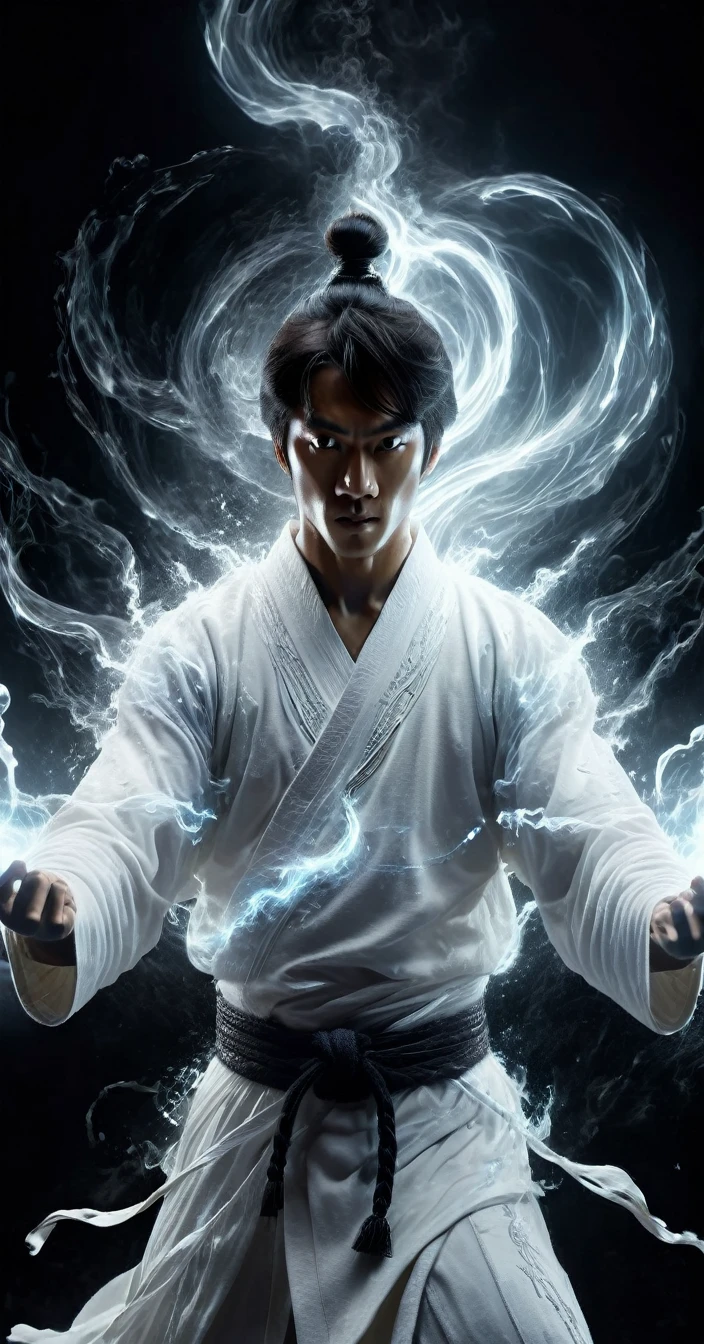 wabstyle
Martial Art Style, an extremely handsome young man in a white robe using magic power, VFX, glowing energy fluid, special effects, glowing energy effects, highly detailed, 32K UHD, best quality, masterpiece
The left half emits a pure divine light, while the right half is shrouded in the dark shadow of demons