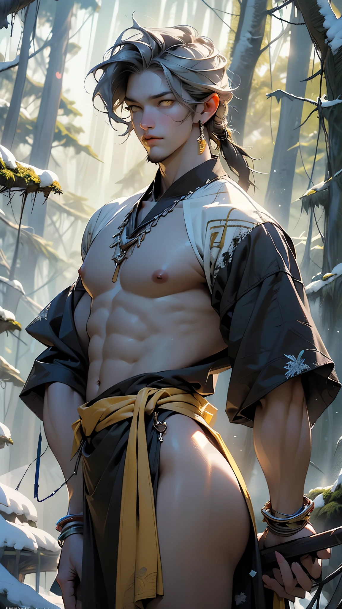 A 20 years old western martial art Sensei (male), handsome man, muscle, white, the old temple where small river, beautiful trees, peacefull environment, birds are sit on the tree, highly detailed texture, 8K UHD, shoot with Sony alpha a7, short style yellow hair, diamond face, high-quality detailed face, fit body, Precise, detailed eyes look straight ahead , pose standing