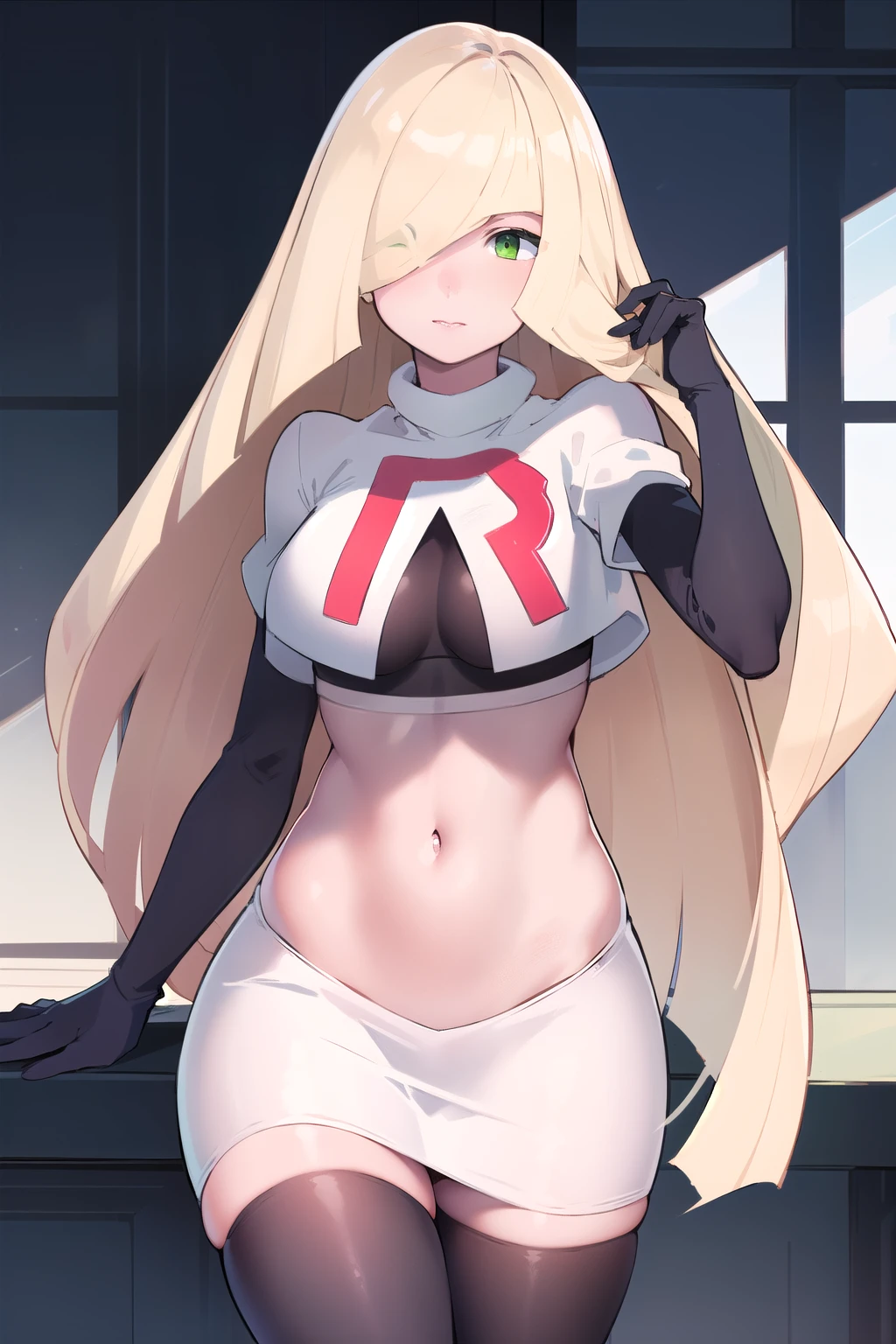 masterpiece,best quality,1girl,mature female,lusamine,blonde hair,green eyes,very long hair,(hair over one eye:1.3),team rocket,team rocket uniform,white skirt,red letter R,crop top,black thigh-highs,black elbow gloves,