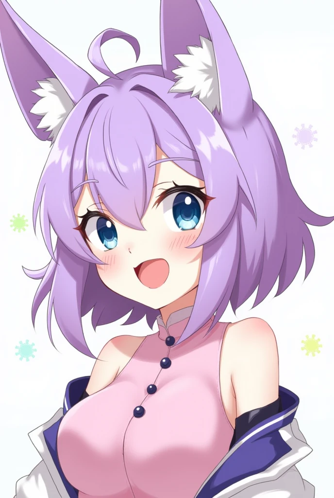 1girl, Solo, Breasts, Blue eyes, Tongue, High Details, High Quality, UHD, Purple Hair, Breasts, Fox Ears, Smile, Tongue Out, Makeup, Simple background, Pixar,