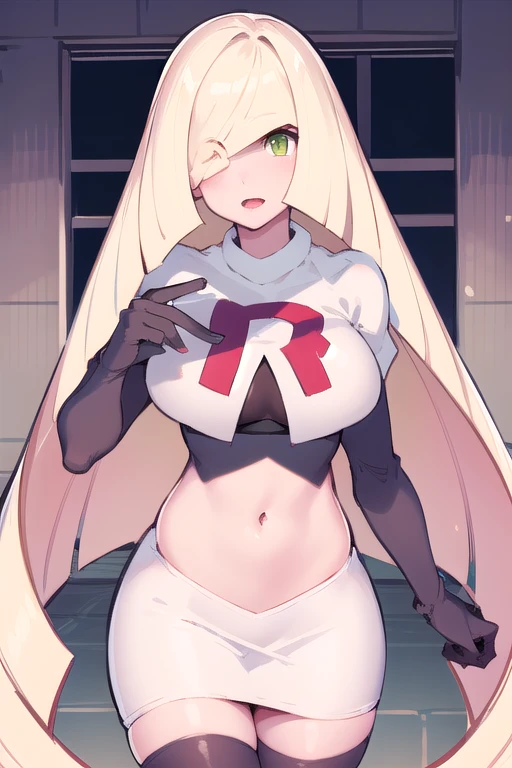 masterpiece,best quality,1girl,mature female,lusamine,blonde hair,green eyes,very long hair,(hair over one eye:1.3),team rocket,team rocket uniform,white skirt,red letter R,crop top,black thigh-highs,black elbow gloves,