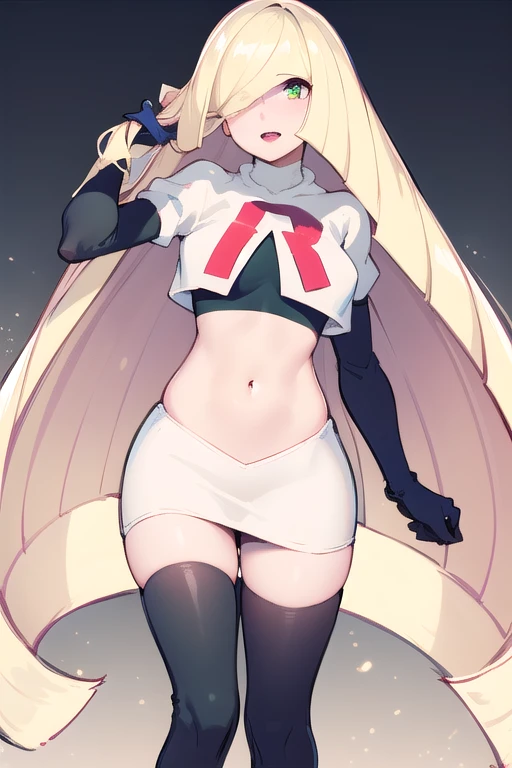 masterpiece,best quality,1girl,mature female,lusamine,blonde hair,green eyes,very long hair,(hair over one eye:1.3),team rocket,team rocket uniform,white skirt,red letter R,crop top,black thigh-highs,black elbow gloves,