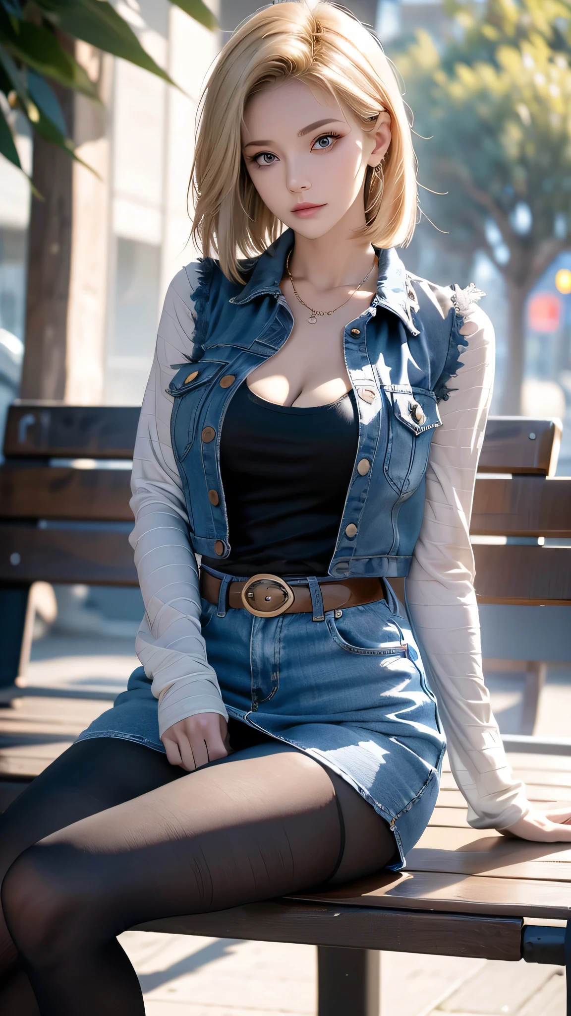 masterpiece, Highest品質, Very detailed, Absurd, Beautiful portrait of Android18DB, alone, pants、Blonde、Earrings, jewelry, Denim Jacket, smile, belt, Highest, cloud, null, Day, skirt, Outdoor, gloves, necklace, デニムskirt, rock, Sitting with legs apart, pantsを見せる