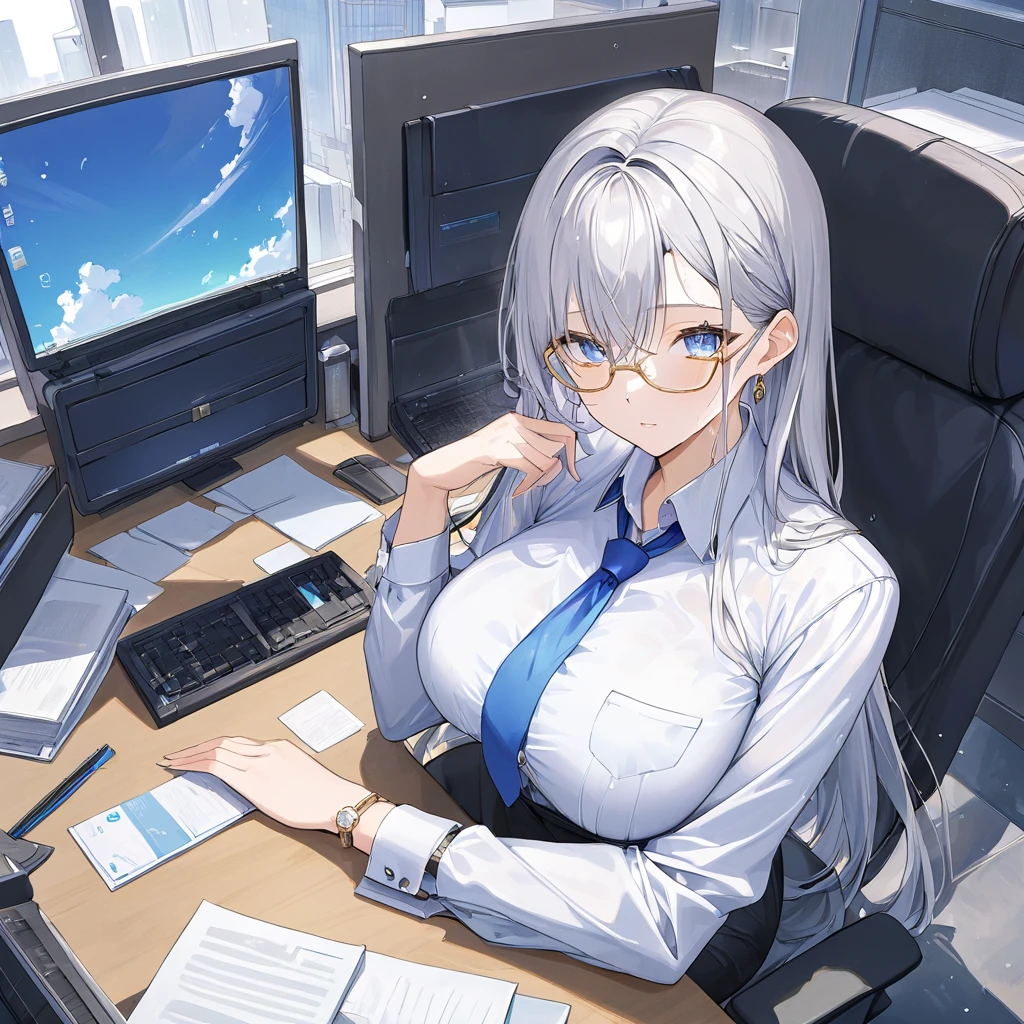 Masterpiece, Very detailed, Best quality, Ultra-detailed, anime style. One tall beautiful office woman, long silver hair, stunning blue and gold eyes, her iris's are a brilliant blue with golden rings around her pupils ,wearing glasses, wearing a sweat-soaked white button up shirt, wearing a nice tie, wearing black pencil skirt with silk black stockings, very tall, large breasts, she is sitting in an office cubicle and fanning herself with her hands, she is blushing a lot, she is very hot and sweaty.