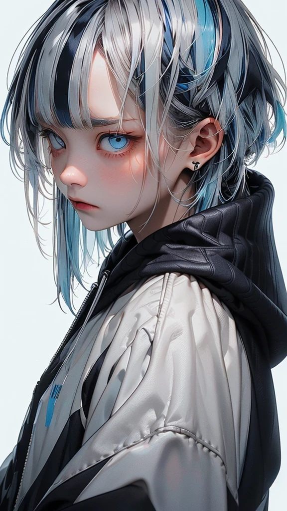   movie poster with young woman as protagonist、 (Silver_hair, blue_hair,two-tone_hair:1.4)、( long hair :1.2)、(light blue clear eyes 1 .3)Glare、 Her face has a fixed expression  ,  black hoodie 、( white simple background 1 .4)、Rough, With danger and tension、 Rear shot 、( Short Bang :1.3)、(Glare:1.4)、anger