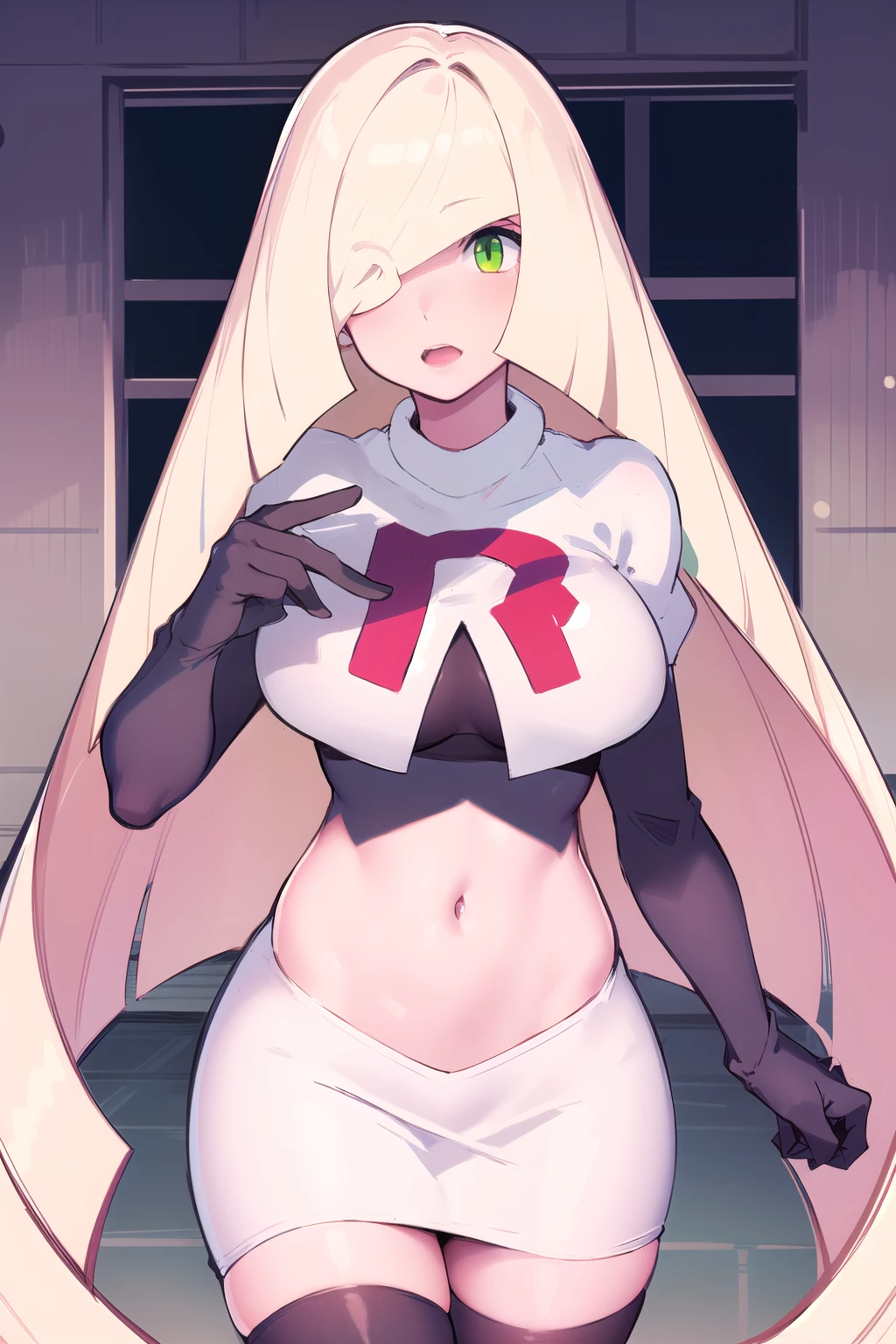 masterpiece,best quality,1girl,mature female,lusamine,blonde hair,green eyes,very long hair,(hair over one eye:1.3),team rocket,team rocket uniform,white skirt,red letter R,crop top,black thigh-highs,black elbow gloves,