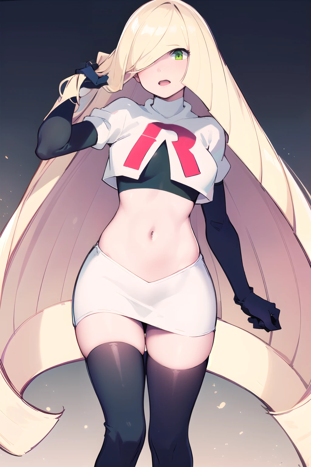 masterpiece,best quality,1girl,mature female,lusamine,blonde hair,green eyes,very long hair,(hair over one eye:1.3),team rocket,team rocket uniform,white skirt,red letter R,crop top,black thigh-highs,black elbow gloves,