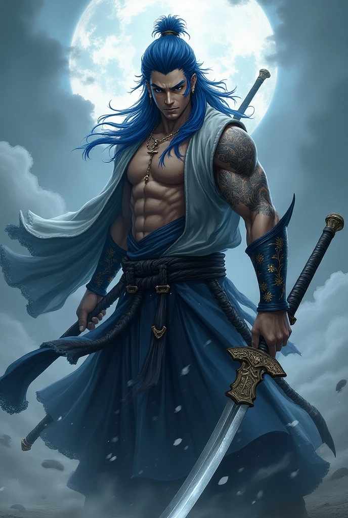 anime boy (dark fantasy) with blue dreads, green eyes, brown skin, black horns and a black cloak and white martial arts pants with blue chains around him as he holds a blue scythe (full body)