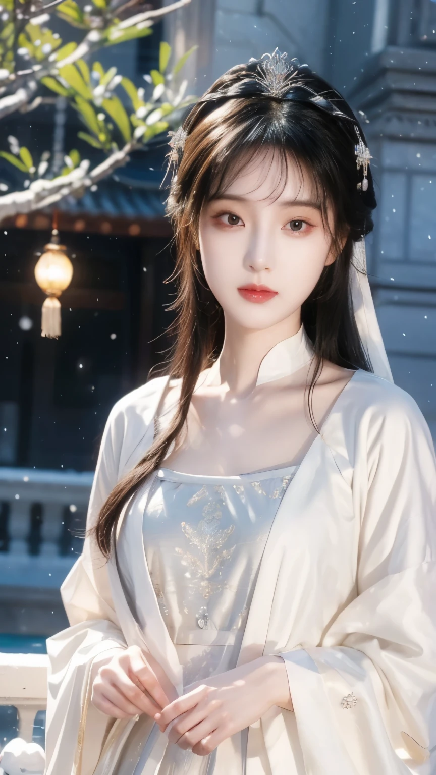 masterpiece, best quality, realistic, 8k, official art, guofeng, 1girl, guofeng, beautiful detailed eyes, looking up, snowing, snowflakes, night time, street lights, snow-covered ground, trees with no leaves, quiet atmosphere, minimalistic, soft colors, melancholic feel, cinematic composition, <lora:guofeng_02:1>