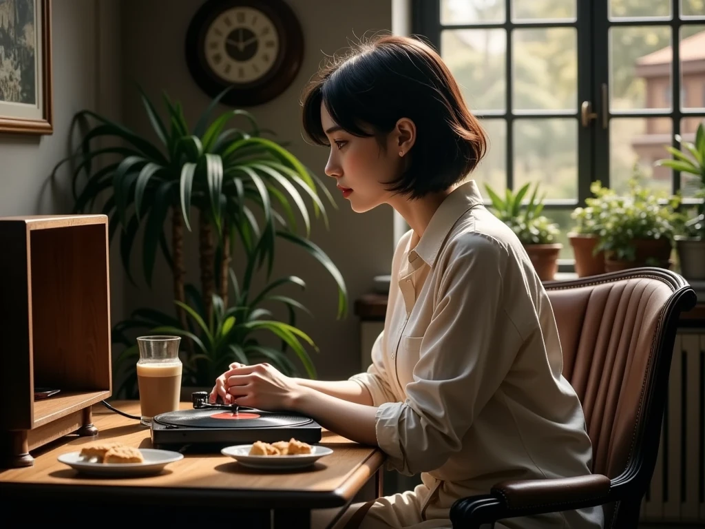 (木製家具に置かれる Vintage Record Player 、 Focus on record players:1.5)、Sit on a chair、くつろぐwoman、listen to music、 Coffee and Snacks on the Table 、 Cozy and Peaceful Atmosphere 、( best quality、4K、8k、 high definition 、masterpiece:1.2)、 super detailed、( real、 photorealistic、 photorealistic:1.37)、 Intricate Details 、Chiaroscuro Lighting、Warm tones、Analogue photography、 Cinematic Composition 、 Moody Atmosphere 、(woman:1.2)、 beautiful eyes、Soft Skin、Classy hairstyle、 Relaxed Expression 、Comfortable clothing、 Vintage Record Player 、 Hot Coffee 、 Delicate Snacks 、green々Plants 、Window Light、 muted color 、